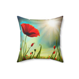 A Red Poppy in a Field Spun Polyester Square Pillow
