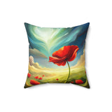 A Red Poppy in a Field Spun Polyester Square Pillow