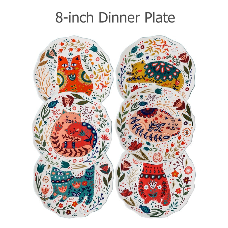 Delightful Folk Flower Design Cat Art Dinner Plates Great For Cat Lovers Microwave Safe