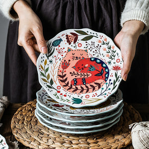 Delightful Folk Flower Design Cat Art Dinner Plates Great For Cat Lovers Microwave Safe
