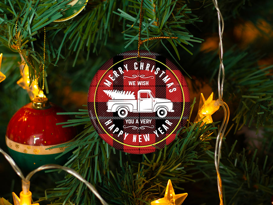 Plaid Christmas Truck - Ceramic Round Ornament