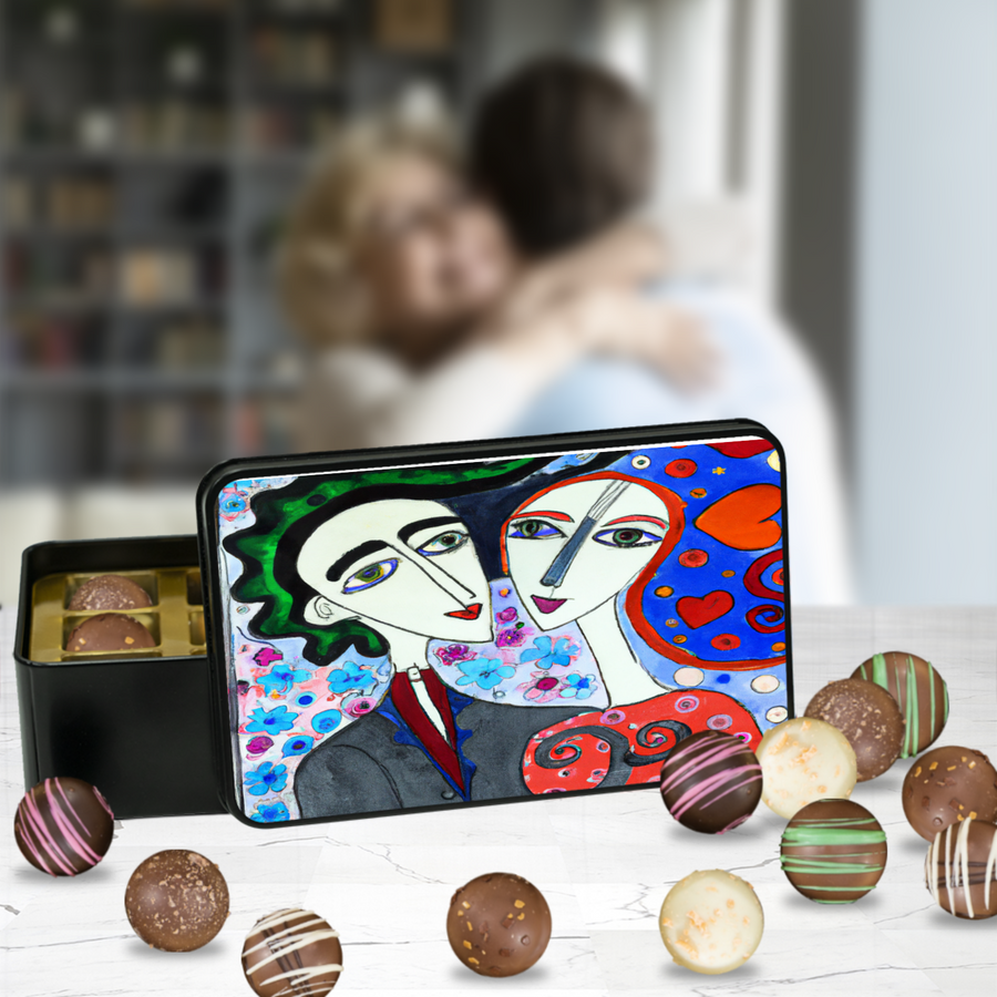Beautiful Art Couple Artisan Chocolate Truffles, Valentine Day Gift, Keepsake Tin