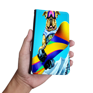 Colorful Pitbull Snowboarding in the Mountains, Phone Wallet Gift for Dog Lover Custom Art Design
