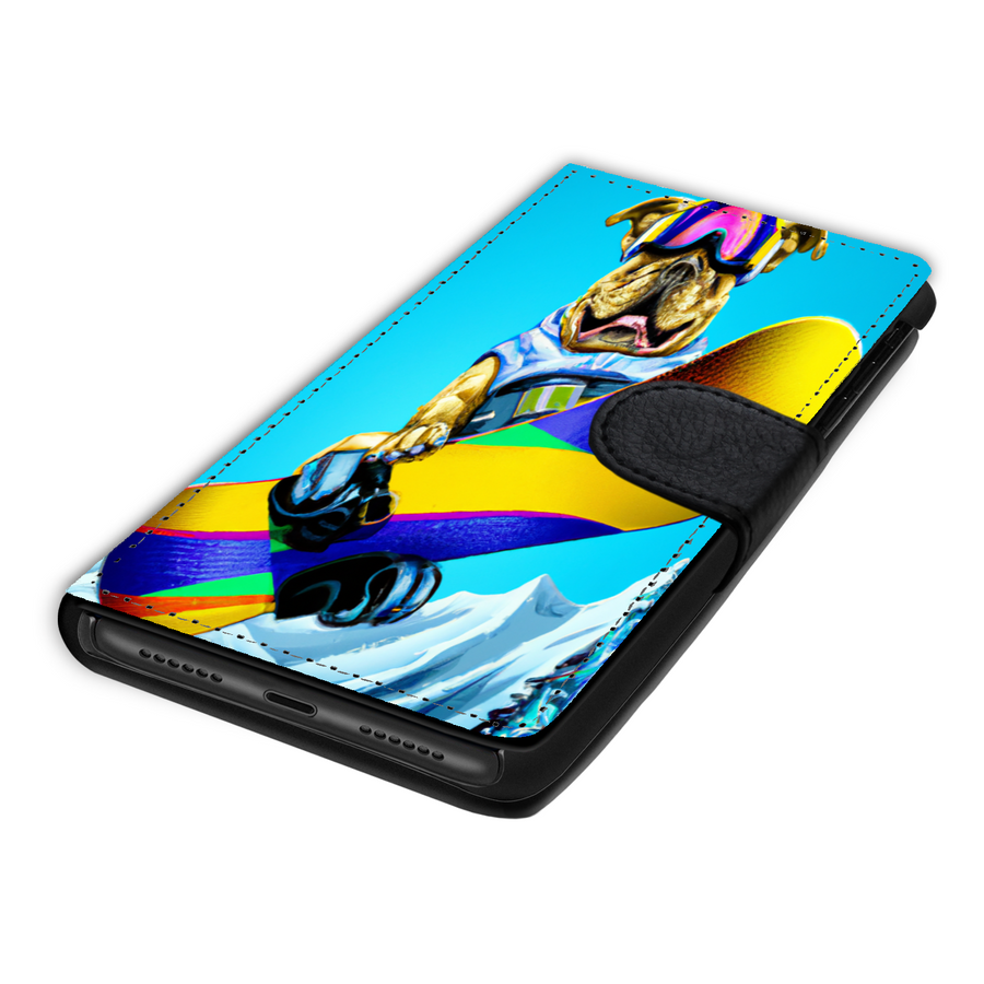 Colorful Pitbull Snowboarding in the Mountains, Phone Wallet Gift for Dog Lover Custom Art Design